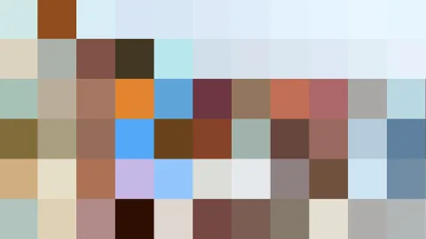 Rechteckiges Raster aus pastellfarbenen Quadraten in Hellblau, Beige, Braun, Grau und Violett, oben viele helle Blautöne.