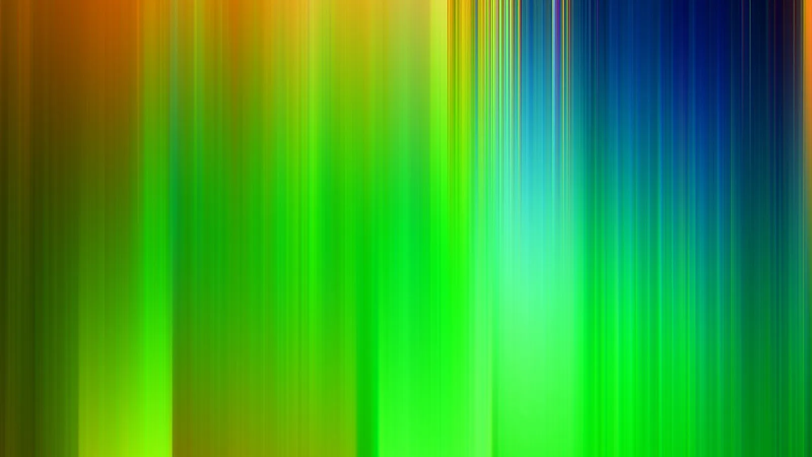 Abstrakte Komposition aus vertikalen, verwischten Streifen in Grün, Gelb, Orange und Blau, nach rechts hin dichter und heller.