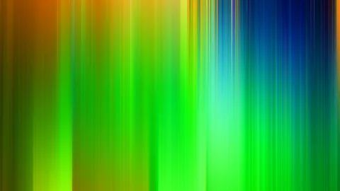 Abstrakte Komposition aus vertikalen, verwischten Streifen in Grün, Gelb, Orange und Blau, nach rechts hin dichter und heller.