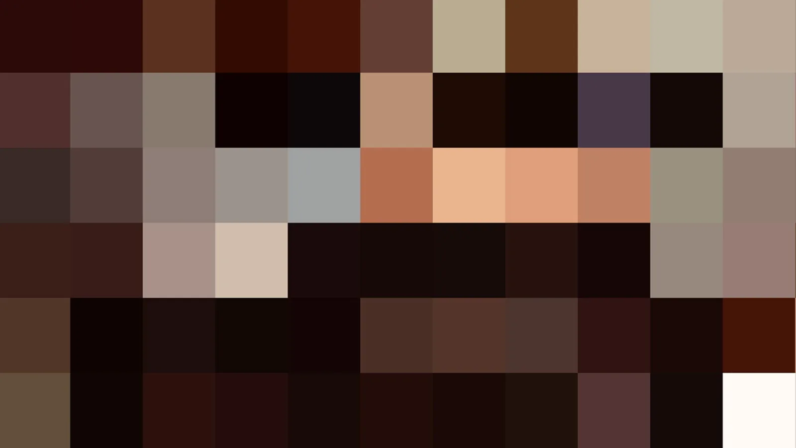 Grobes Pixelmosaik aus dunklen Braun-, Grau- und Hauttönen mit einzelnen hellen Feldern.