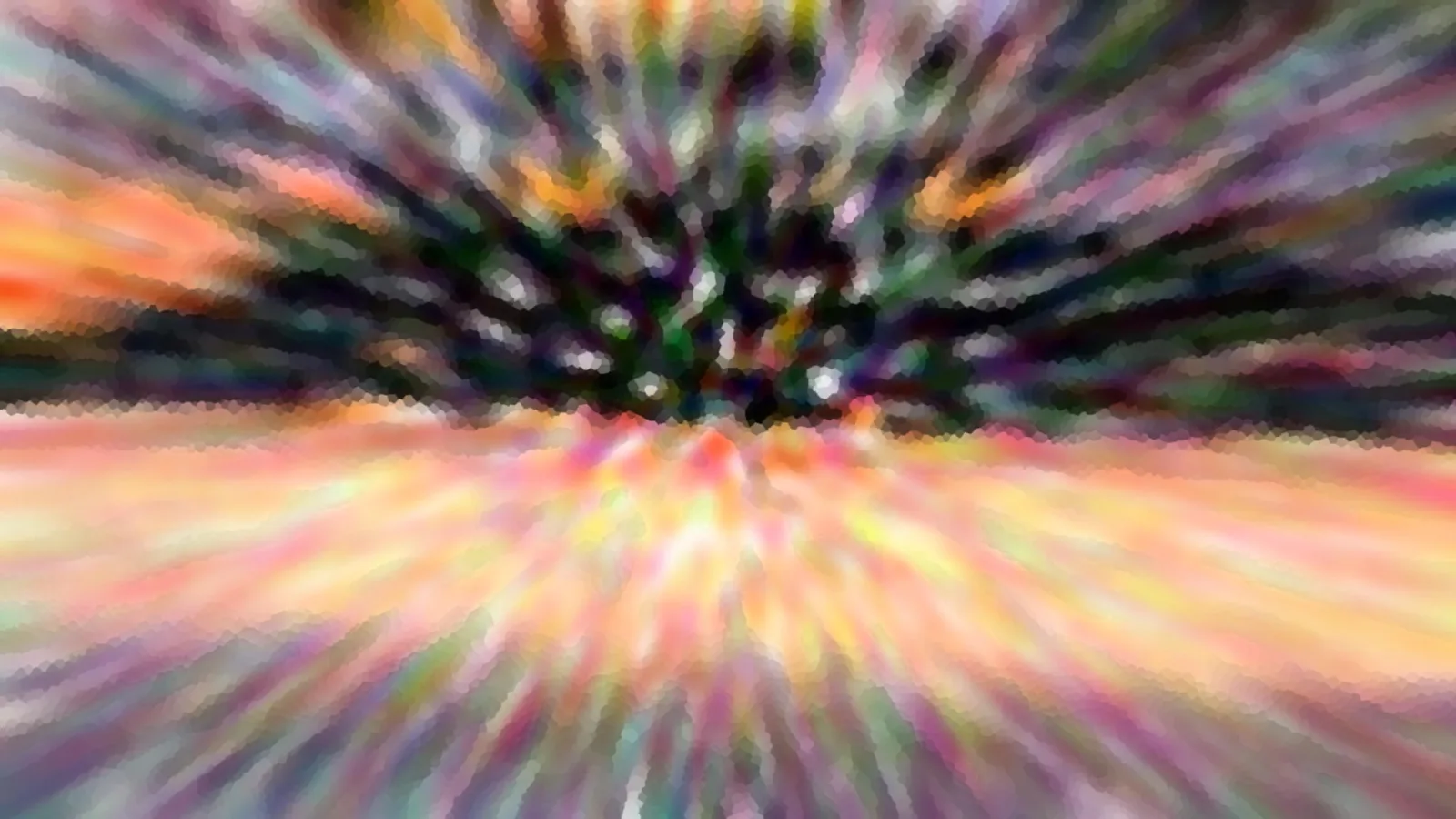 Abstraktes Bild mit radial von einem dunklen Zentrum nach außen laufenden Farbschlieren in Rosa, Orange, Grün und Violett.