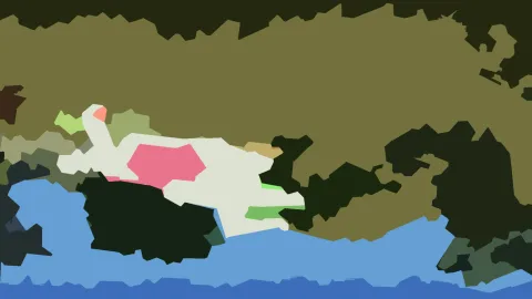 Flächige Komposition in Olivgrün, Dunkelgrün und Blau mit einer weißen, schwanähnlichen Form mit rosa Schnabel über einem blauen Wasserband.