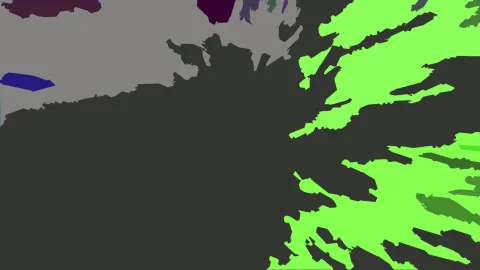 Abstrakte Komposition aus flachen Farbfeldern: große anthrazitfarbene Fläche, helle grüne Formen rechts und grauer Bereich oben links mit einzelnen violetten und blauen Flecken.