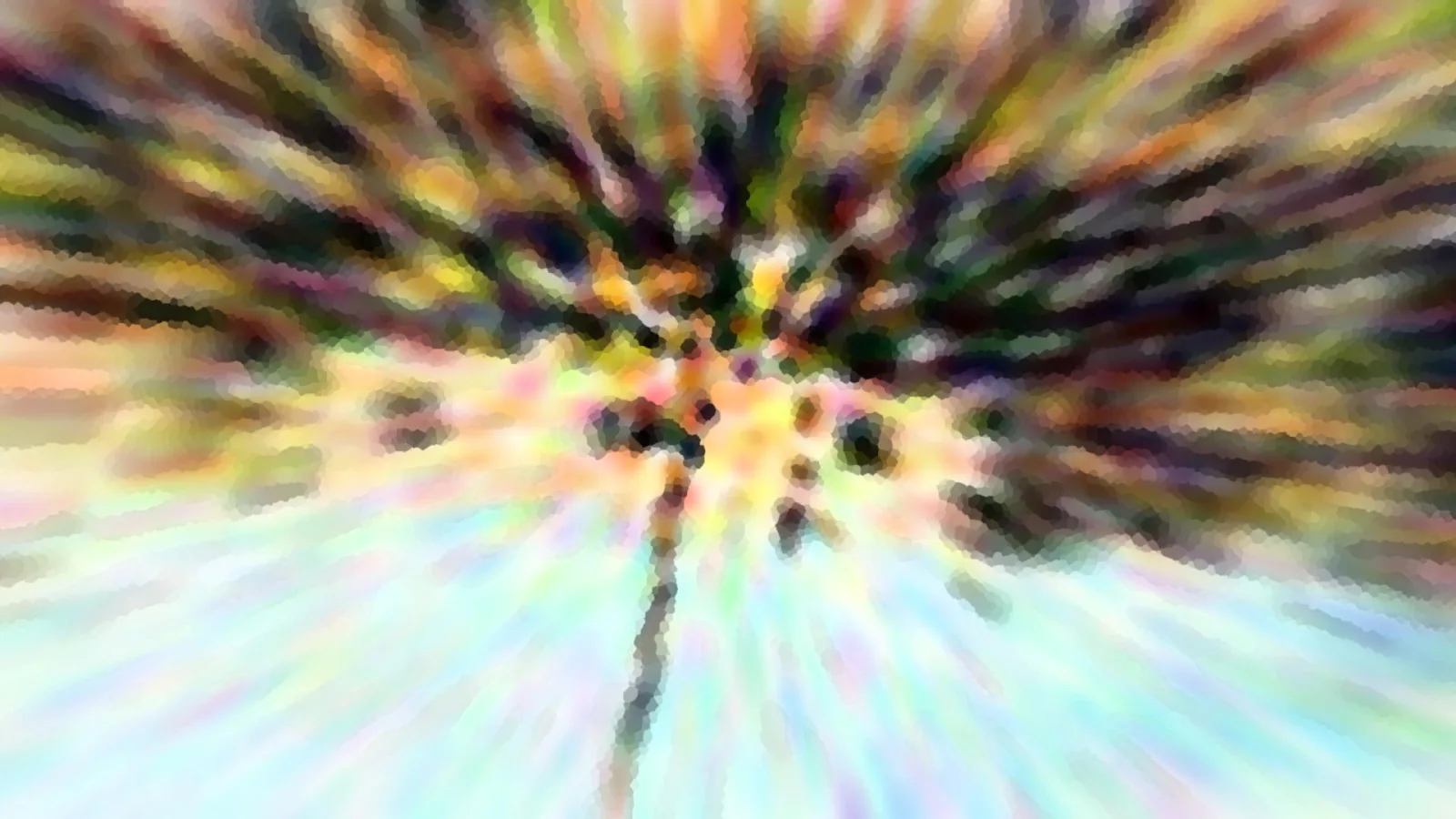 Abstrakte Komposition aus radial verlaufenden, bunten Schlieren mit pixeligem Mosaikeffekt. In der Mitte ein dunkler, dünner Stamm vor einem hellen, pastellfarbenen Hintergrund.