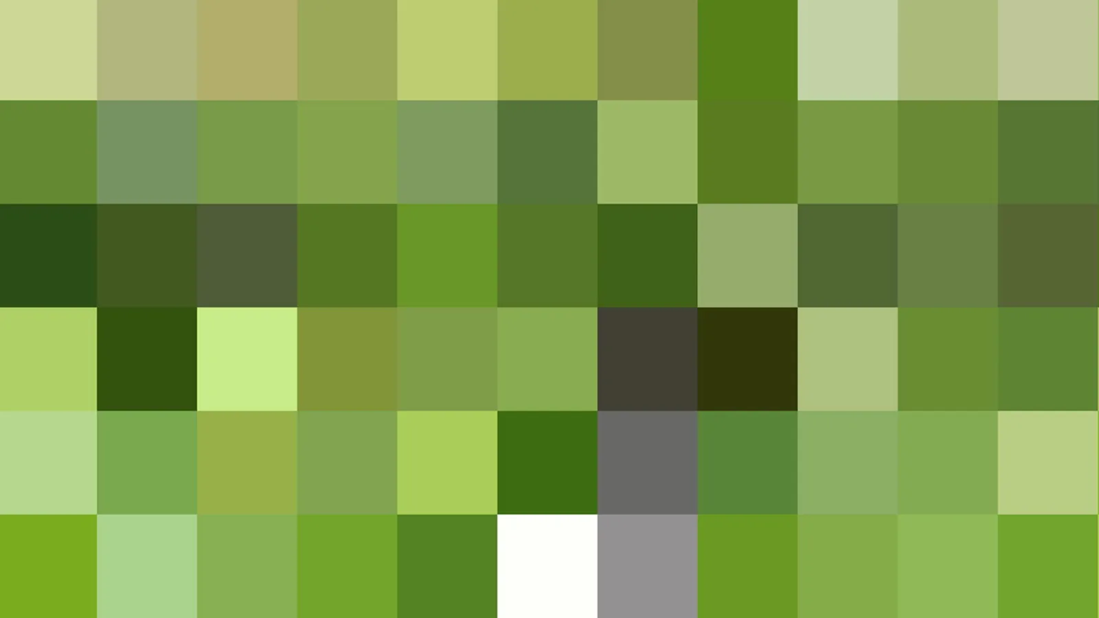 Mosaik aus quadratischen Farbfeldern in verschiedenen Grün- und Olivtönen, dazwischen ein weißes, ein graues und ein dunkelgraues Feld.