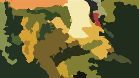 Abstrakte Komposition aus unregelmäßigen Flächen in Olivgrün, Dunkelgrün, Senfgelb, Cremeweiß, Rot und Orange.