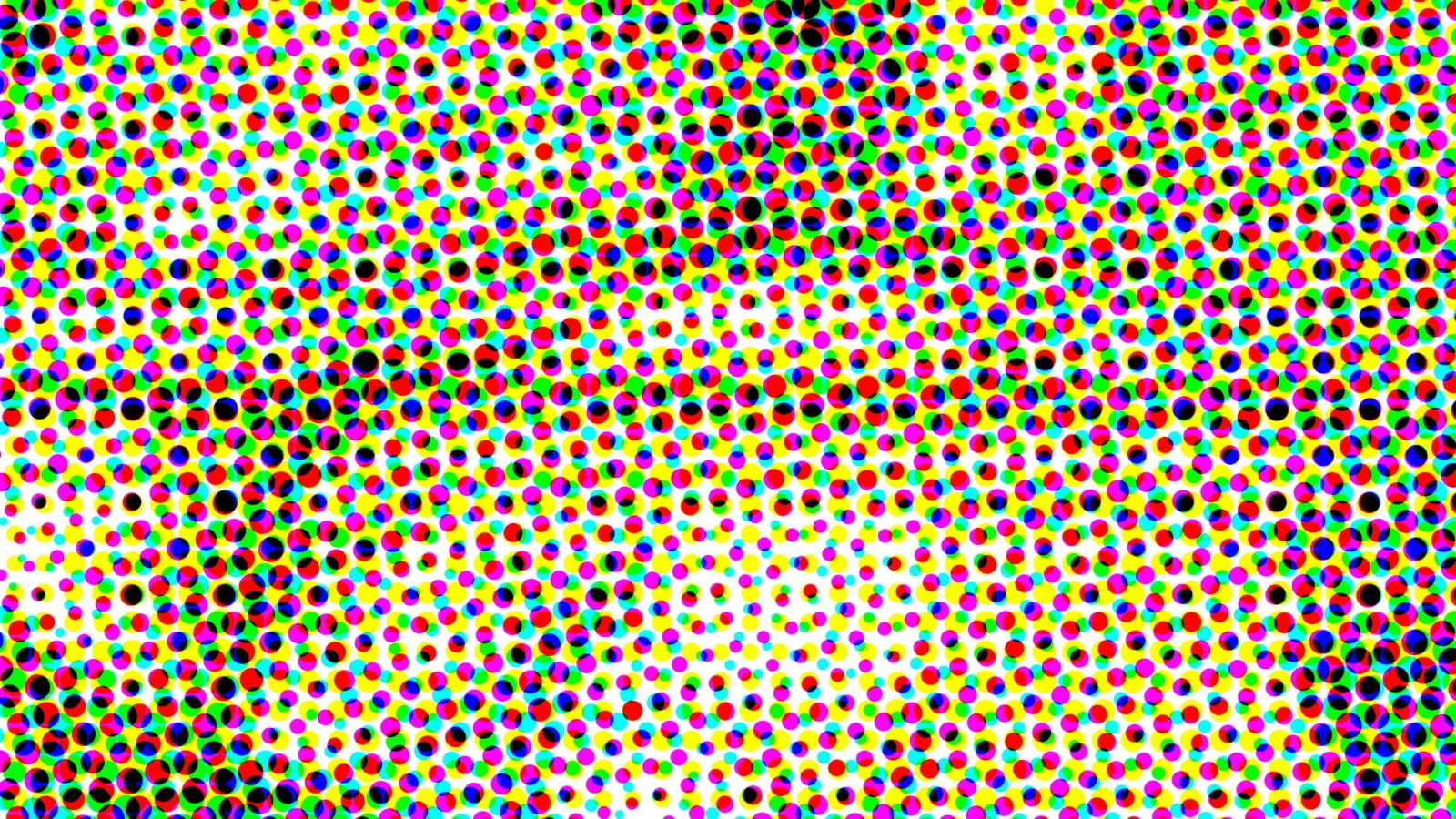 Dichtes Muster aus unregelmäßig verteilten Punkten in Rot, Gelb, Grün, Blau, Magenta und Cyan, dazwischen schwarze Punkte und helle Flächen auf weißem Grund.