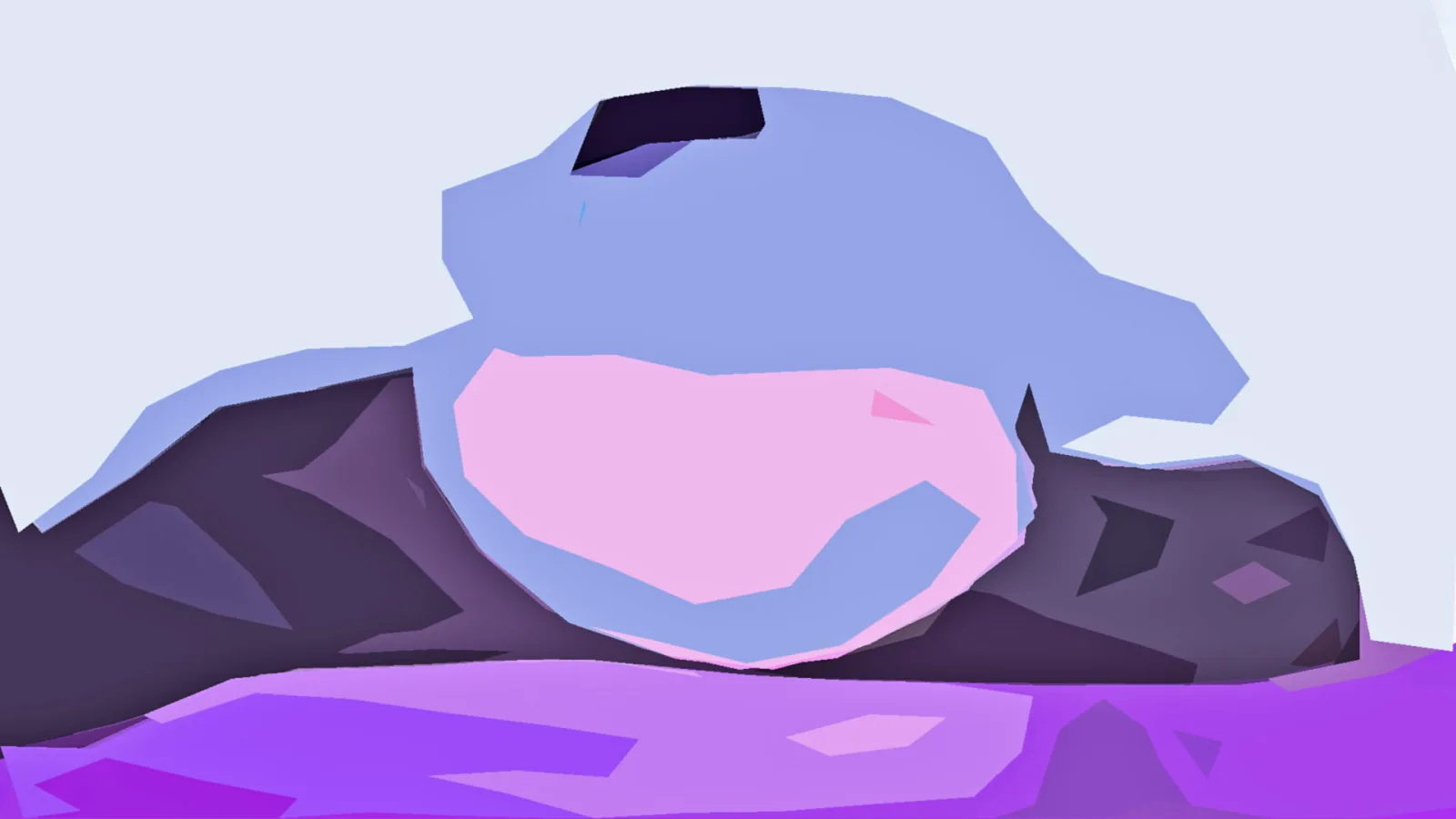 Abstrakte Komposition aus flachen Polygonen: eine blaue Form mit rosa Fläche in der Mitte, dunkle Felsen dahinter und ein violetter Untergrund im Vordergrund vor hellem Hintergrund.