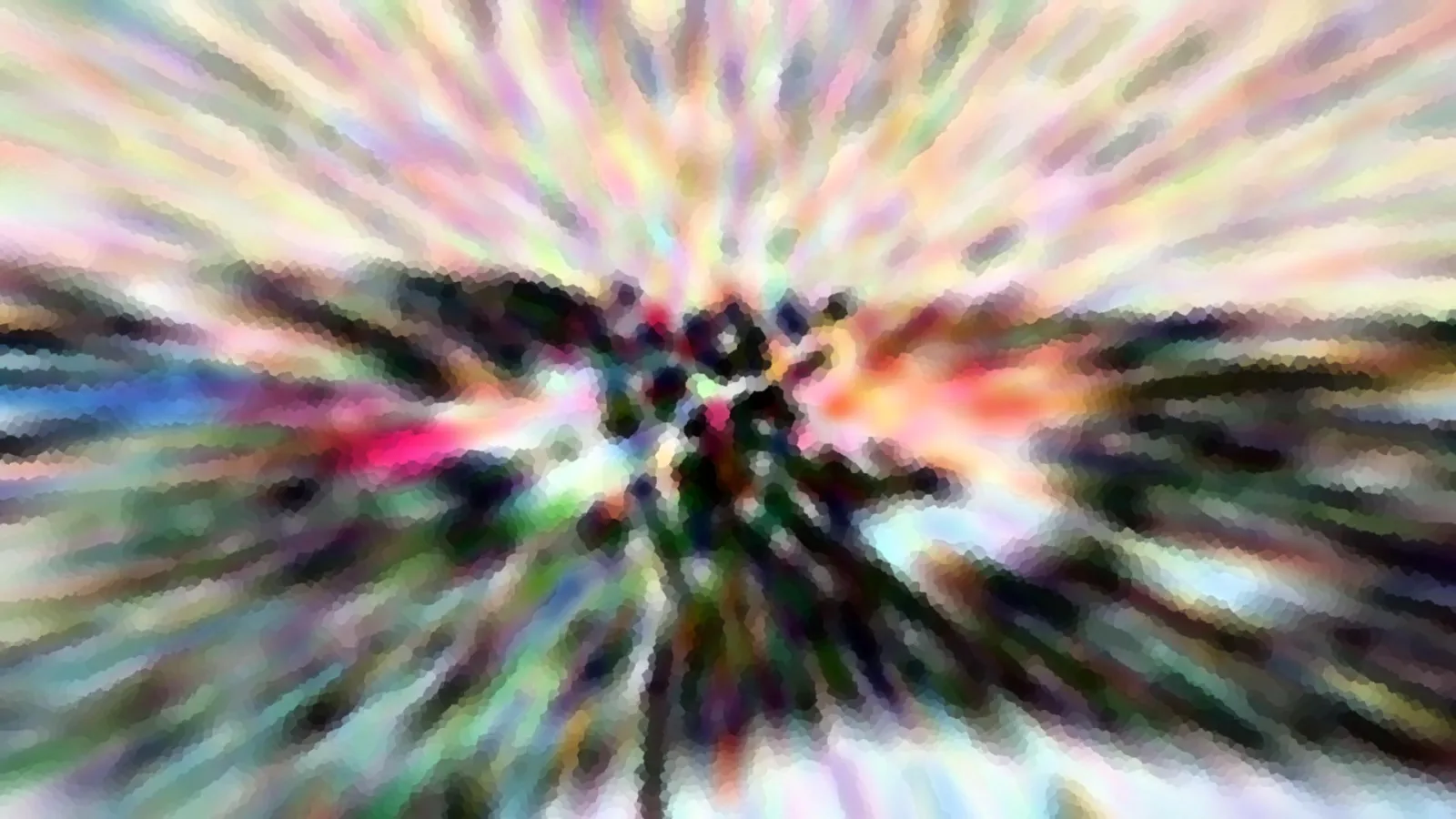 Abstrakte Komposition aus radial von der Mitte nach außen laufenden, pastellfarbenen Schlieren, im Zentrum ein dunkler, unscharfer Knoten aus Formen, grob gepixelt.