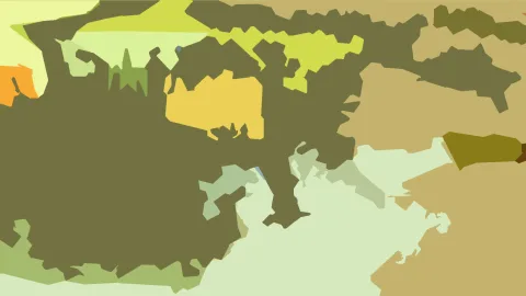 Abstraktes Bild mit unregelmäßigen, flachen Formen in Olivgrün, Gelb, Sandbraun und hellem Grün, dazwischen kleine blaue Akzente.