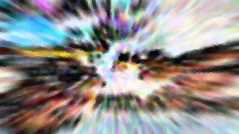 Abstraktes Bild mit radial von einem hellen Zentrum ausgehenden Farbstrahlen in Regenbogentönen, Blau, Gelb und Schwarz, mosaikartig gepixelt.