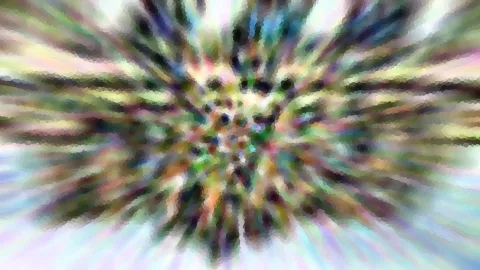 Abstrakte Komposition aus bunten, radial vom Zentrum nach außen laufenden Farbstrahlen mit pixeligem Muster