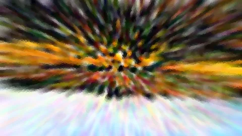 Abstrakte Komposition aus radial von einem Zentrum ausstrahlenden Streifen in Orange, Grün, Schwarz und Pastellblau, die wie eine Zoomfahrt wirkt.