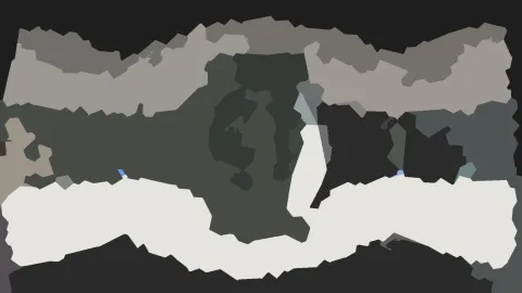 Abstrakte Komposition aus grauen, kantigen Flächen in verschiedenen Tönen, durchzogen von einem weißen, geschwungenen Band.