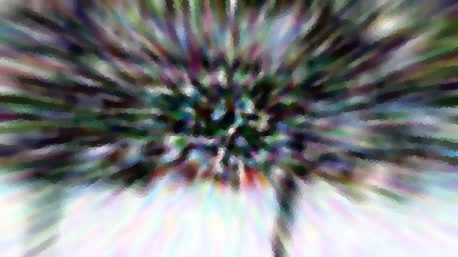 Abstraktes Bild mit unscharfen Farbstreifen, die von einer dunklen Mitte radial nach außen laufen, in Grün, Violett und Weiß.
