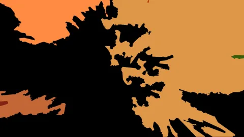 Abstraktes Bild mit großen orangefarbenen und hellbraunen Flächen, die von schwarzen, zackigen Formen durchbrochen werden. Rechts oben ein kleiner grüner Fleck.
