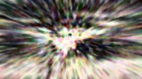 Abstrakte Komposition mit radial von der Mitte ausstrahlenden Farbstreifen in Grün, Rosa, Weiß und Dunkelblau, die mosaikartig gepixelt wirken.