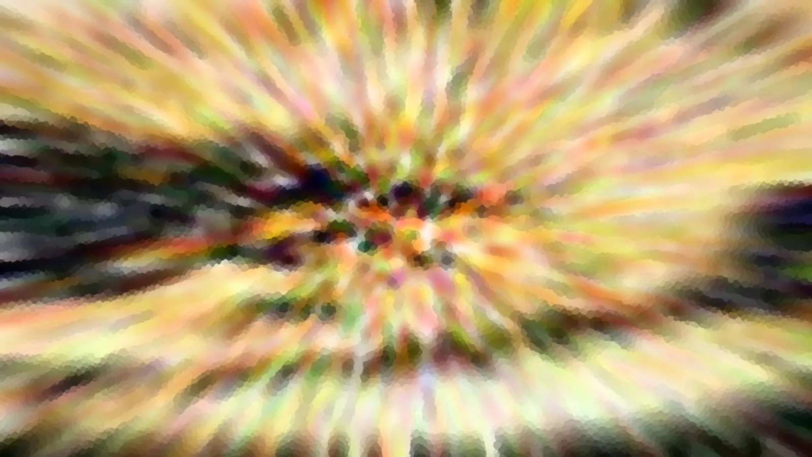 Abstrakte, mosaikartig verpixelte Unschärfe mit radial von der Mitte ausstrahlenden Streifen in Gelb, Grün und Dunkelbraun.