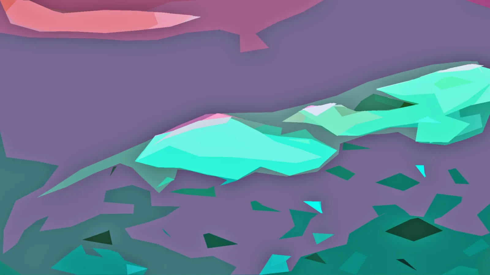 Low-Poly-Landschaft mit türkisfarbenen, kristallinen Formen auf violettem Grund, oben links eine rosa Fläche.
