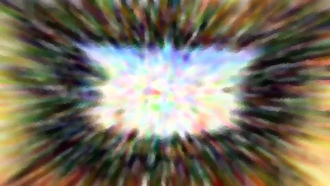 Abstraktes Bild mit farbigen Schlieren, die vom hellen Zentrum radial nach außen laufen, an den Rändern in dunklem Grün und Violett.