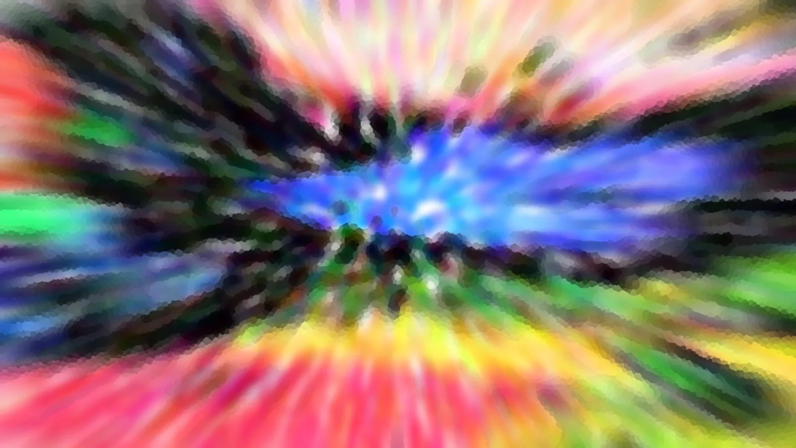 Abstrakte, radial verwischte Farbexplosion mit leuchtend blauem Zentrum und Streifen in Rot, Gelb, Grün und Pink.