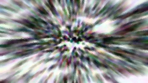 Abstraktes Bild mit radial von der Mitte nach außen laufenden Streifen in Grün, Lila und Weiß, durchzogen von dunklen Punkten und mosaikartiger Körnung.