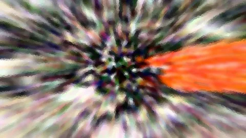 Abstrakte Komposition mit radialem Zoomeffekt: Farbige Streifen laufen von einem dunklen Zentrum nach außen, rechts ragt ein leuchtend oranger Strahl ins Bild.