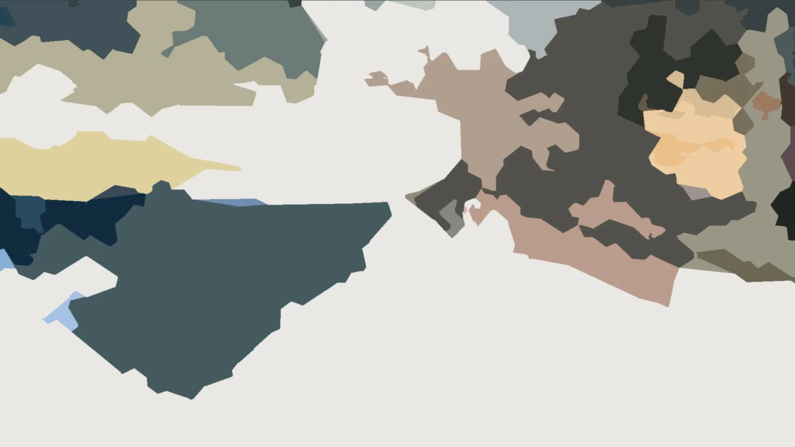 Abstrakte Komposition aus unregelmäßigen Farbflächen in Anthrazit, Beige, Sand und Blaugrau auf hellem Hintergrund.