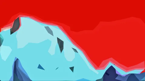Abstrakte Low-Poly-Komposition mit einer roten Fläche oben, hellblauen Formen in der Mitte und dunkelblauen Dreiecken unten.