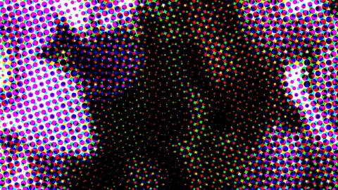 Abstraktes Muster aus farbigen Punkten in Magenta, Cyan, Gelb, Rot, Grün und Blau auf schwarzem Grund, die Punkte sind in der Mitte kleiner und lichter am Rand.