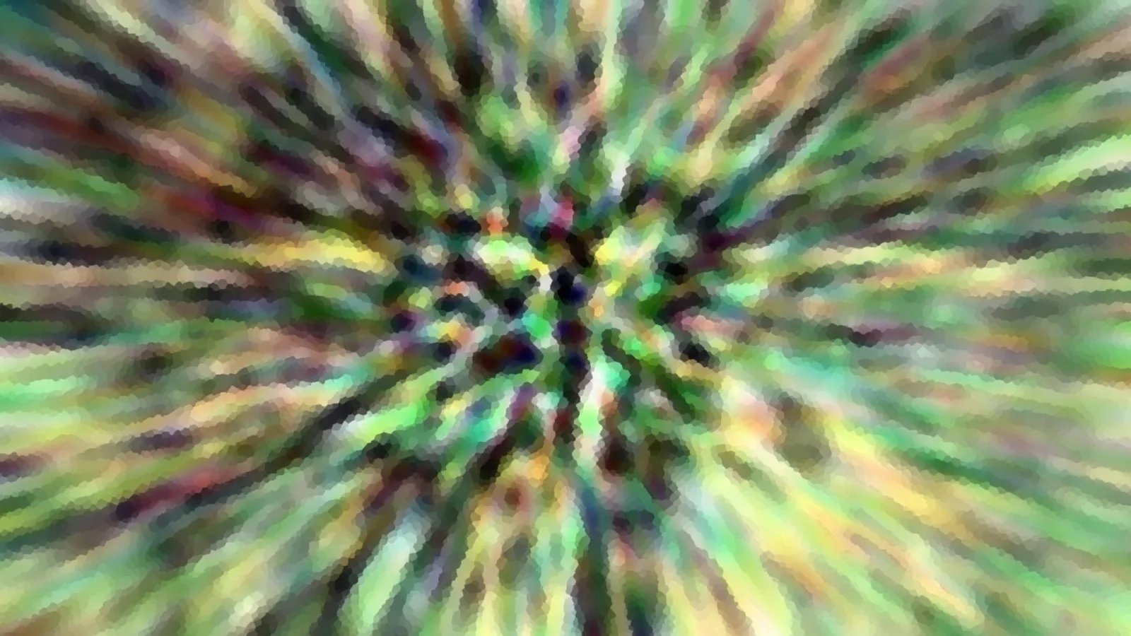 Abstrakte Komposition aus grünen, gelben und dunklen Farbschlieren, die von einem Zentrum in der Bildmitte radial nach außen strahlen und mosaikartig verpixelt wirken.