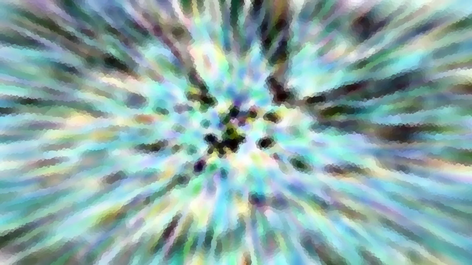 Abstraktes Bild mit radial von der Mitte ausgehenden, bunten Streifen in Türkis, Grün, Lila und Weiß, dunkle Flecken im Zentrum.