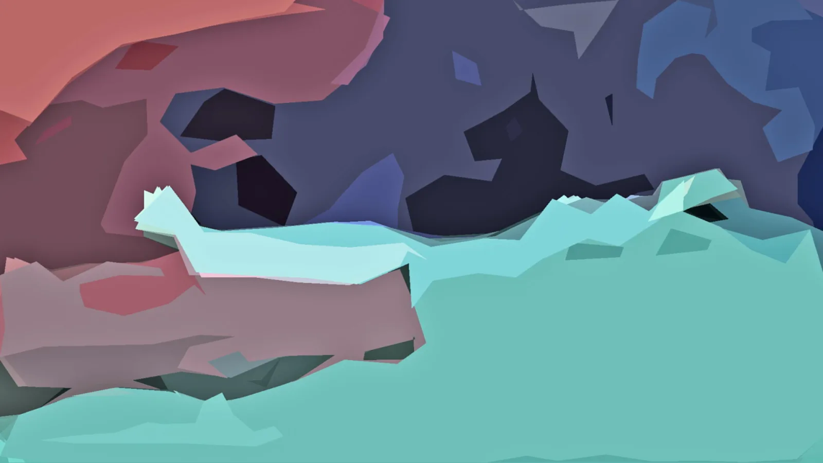 Abstrakte Komposition aus kantigen Flächen in Rosa, Dunkelblau und Türkis, die an eine stilisierte Berglandschaft erinnern.