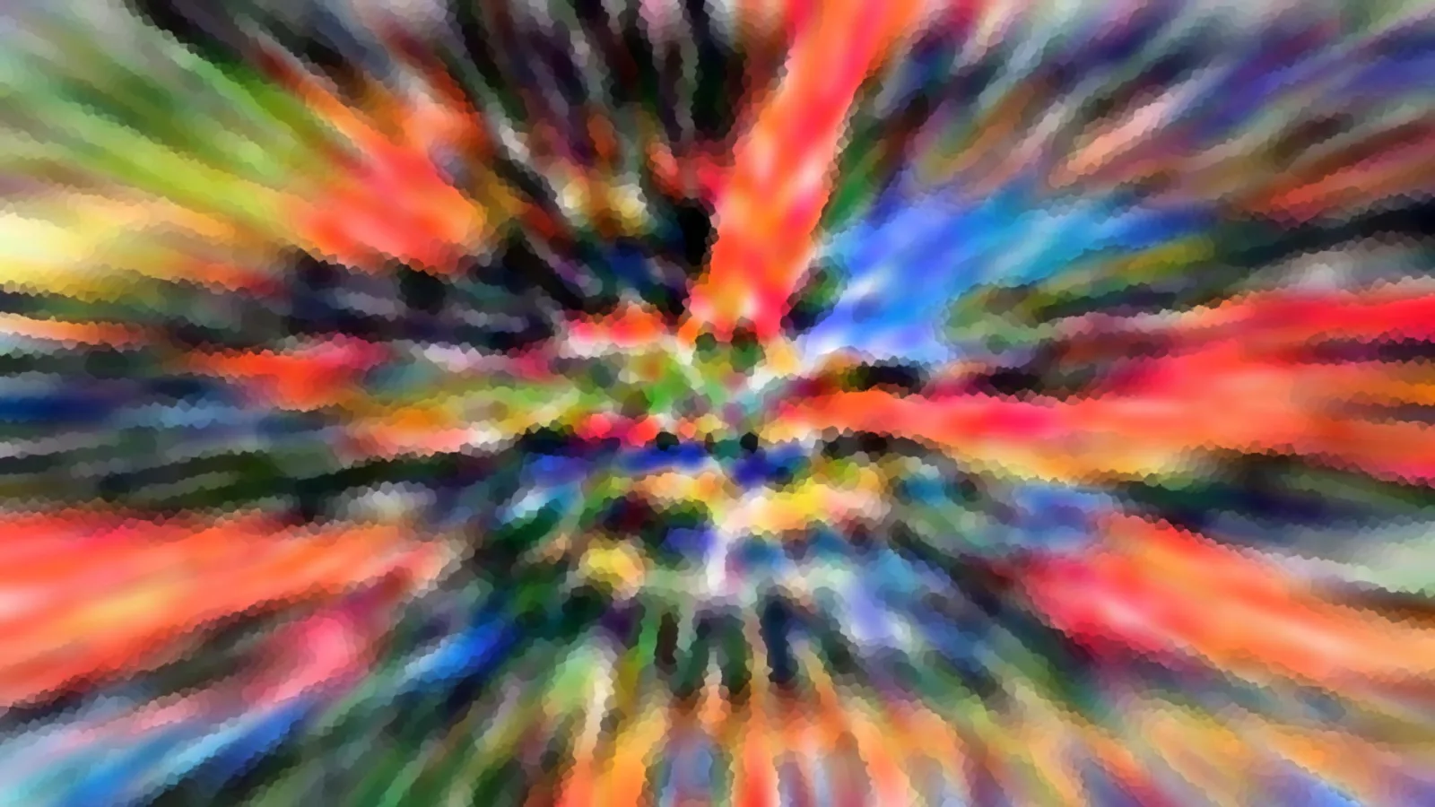 Radial verwischte Farbstrahlen in Rot, Blau, Gelb und Grün, mosaikartig zerteilt, von der Mitte nach außen