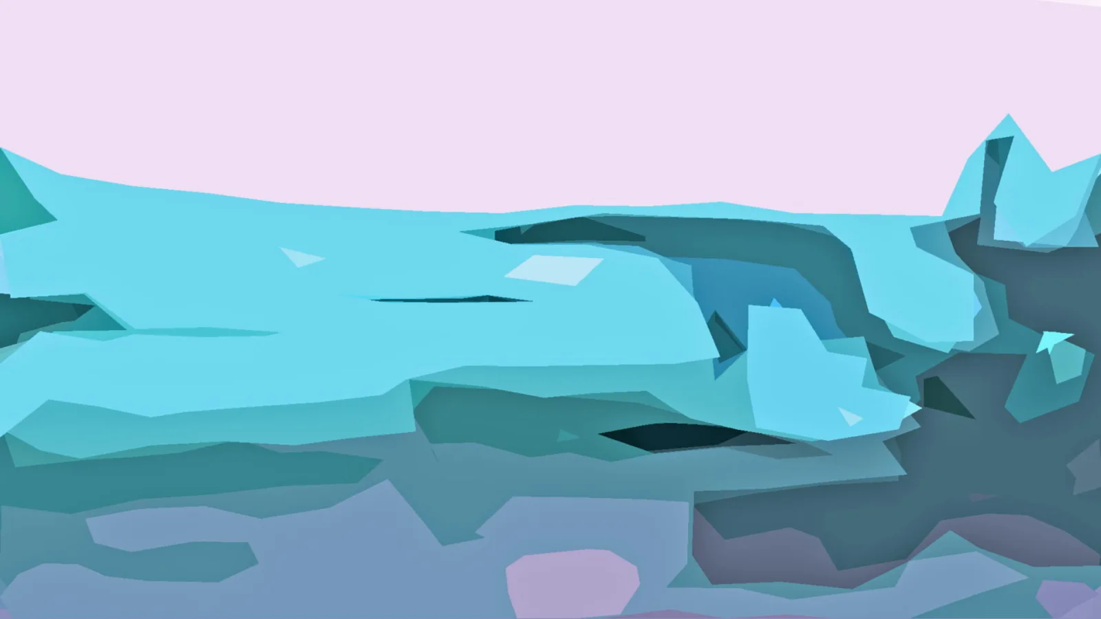 Abstrakte low-poly-Landschaft mit türkisfarbenen, blauen und grauen Flächen unter einem hellrosa Himmel.
