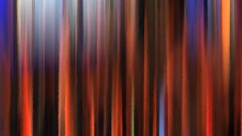 Abstraktes Bild aus vertikalen, unscharf ineinanderlaufenden Streifen in Orange, Rot, Blau und dunklem Braun mit malerischer Textur.