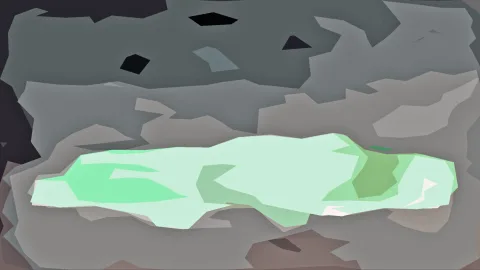 Abstrakte Komposition aus grauen, dunklen und braunen polygonalen Flächen, in der Mitte ein helles mintgrünes Band mit grünen Schattierungen.