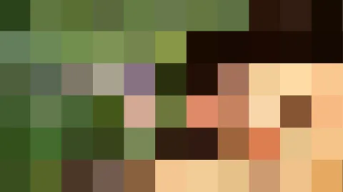 Grobes Pixelmosaik aus olivgrünen, dunkelbraunen und hellen Hauttönen in sechs Zeilen und zehn Spalten.