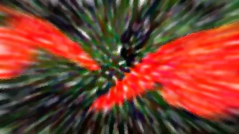 Abstrakte Komposition aus roten und grünen Schlieren, die radial von einem dunklen Zentrum ausgehen