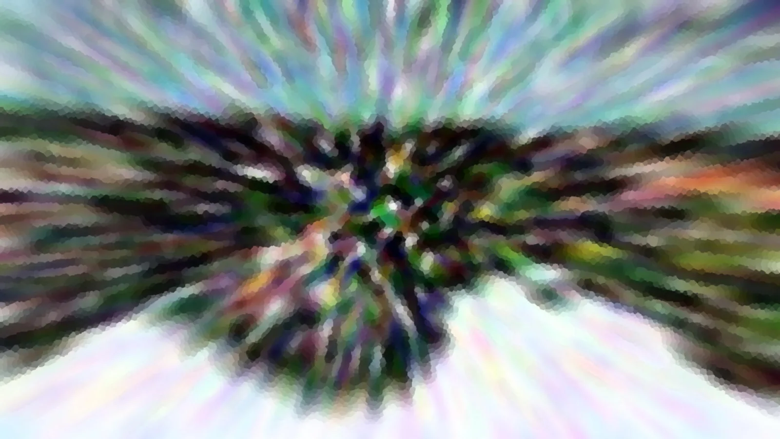Abstrakte, radial verwischte Komposition in Grün, Violett und Weiß mit pixeligem Mosaikmuster.