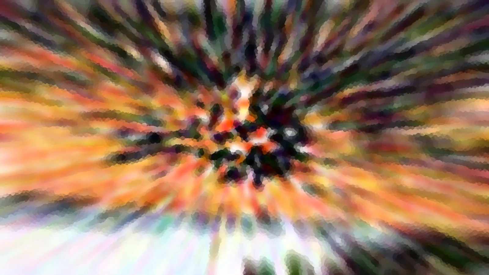 Abstraktes Bild mit radial von einem dunklen Zentrum nach außen laufenden Streifen in Orange, Grün, Violett und Gelb, leicht verpixelt.