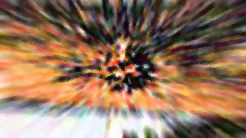 Abstraktes Bild mit radial von einem dunklen Zentrum nach außen laufenden Streifen in Orange, Grün, Violett und Gelb, leicht verpixelt.
