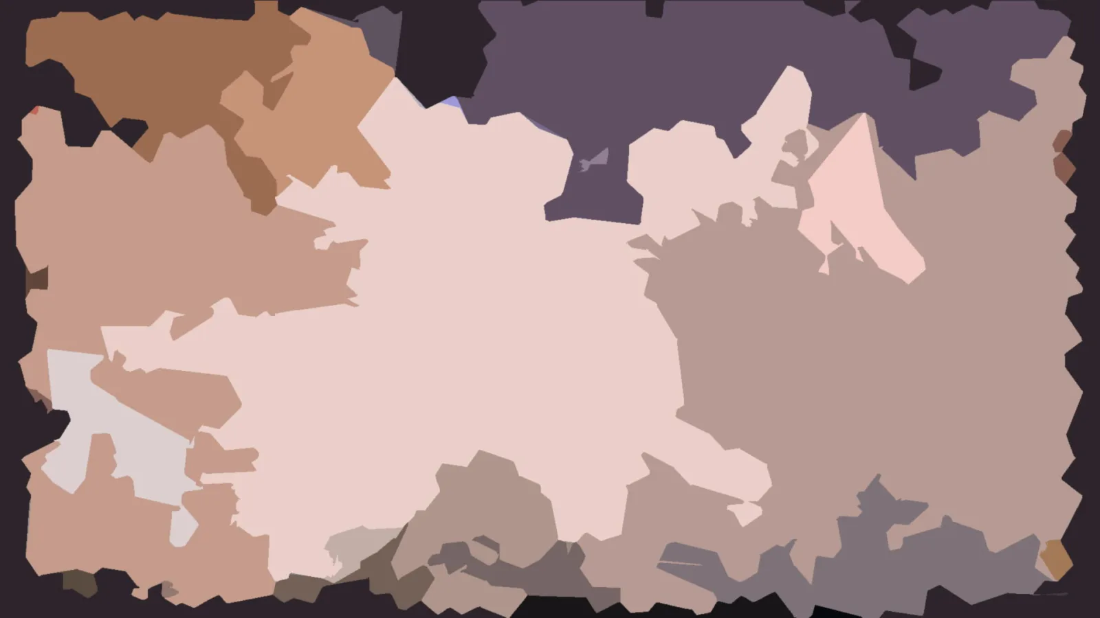 Abstrakte Komposition aus unregelmäßigen, flächigen Formen in Rosa-, Beige- und Violetttönen, dunkle Ränder umrahmen die Fläche.