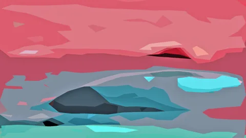 Abstrakte Komposition aus kantigen, flächigen Formen in Rosa, Rot, Grau und Türkis, oben ein rosafarbener Himmel, unten türkise Flächen.