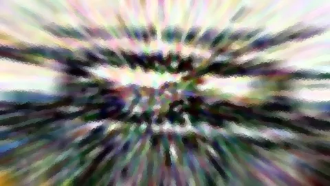 Abstrakte Komposition aus radial angeordneten, verwischten Streifen in Grün, Weiß, Rosa und Dunkelblau, mosaikartig pixeliert.