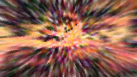 Abstraktes Bild mit farbigen Streifen in Orange, Pink, Violett und Grün, die von einem hellen Zentrum radial nach außen laufen.