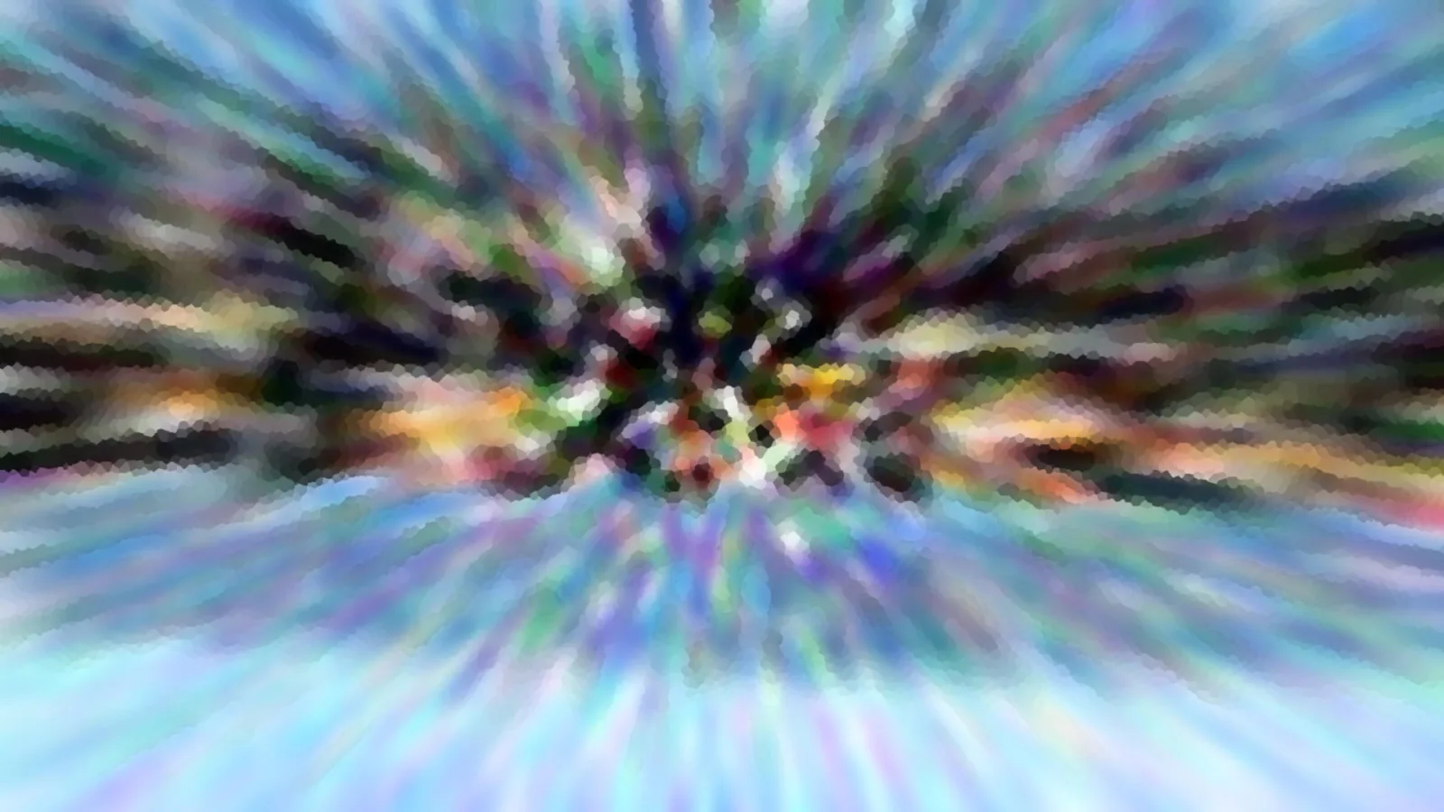 Abstraktes Bild mit radial von der Mitte nach außen laufenden, verwischten Streifen in Blau, Grün, Violett und Orange, im Zentrum dunkle, bunte Flecken.