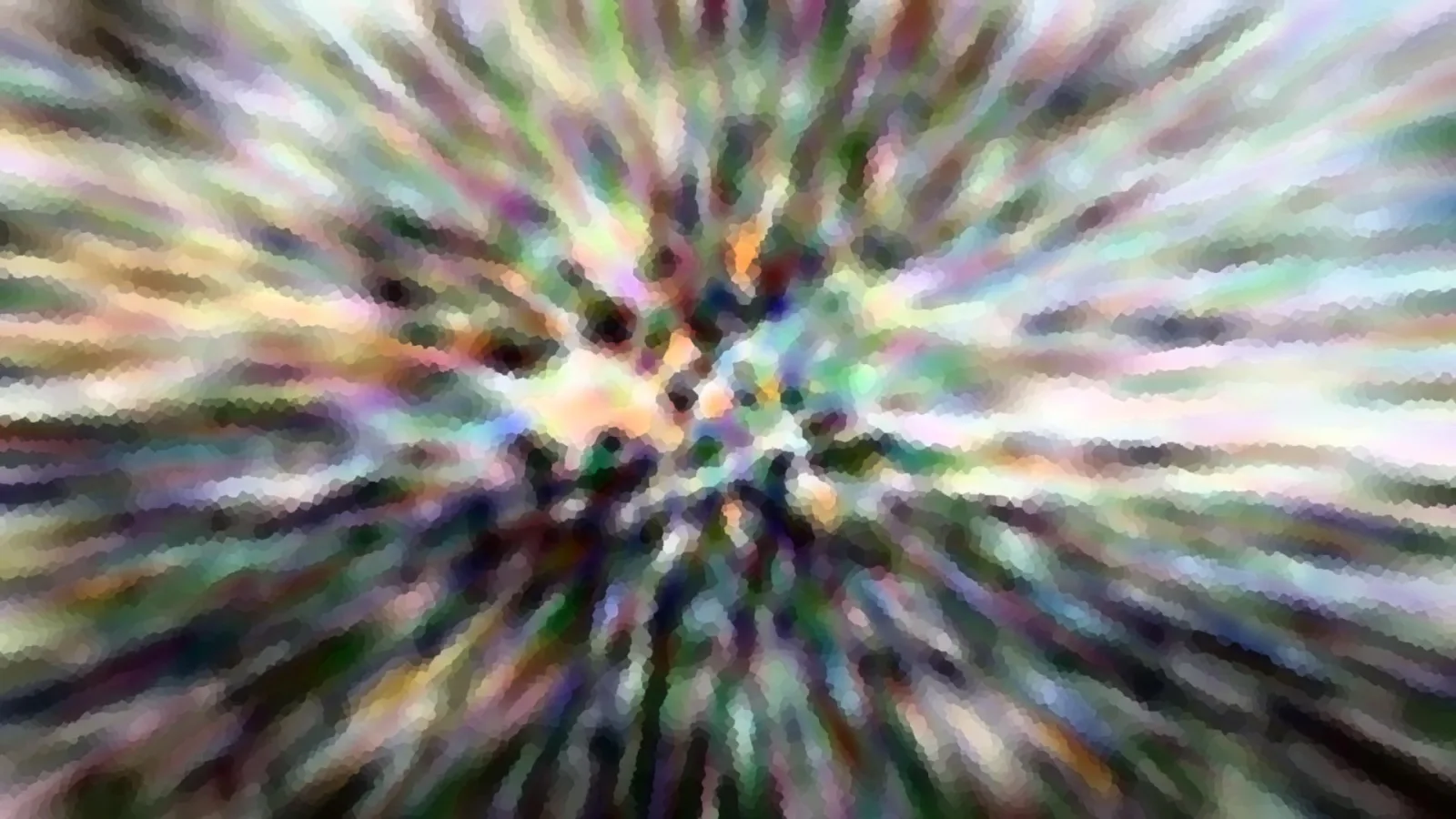 Abstrakte Komposition aus bunten, verschwommenen Streifen, die von einem zentralen Punkt radial nach außen strahlen, mit mosaikartiger Pixelstruktur in Grün, Violett, Weiß und Orange.