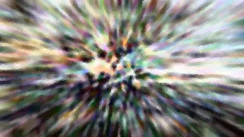 Abstrakte Komposition aus bunten, verschwommenen Streifen, die von einem zentralen Punkt radial nach außen strahlen, mit mosaikartiger Pixelstruktur in Grün, Violett, Weiß und Orange.