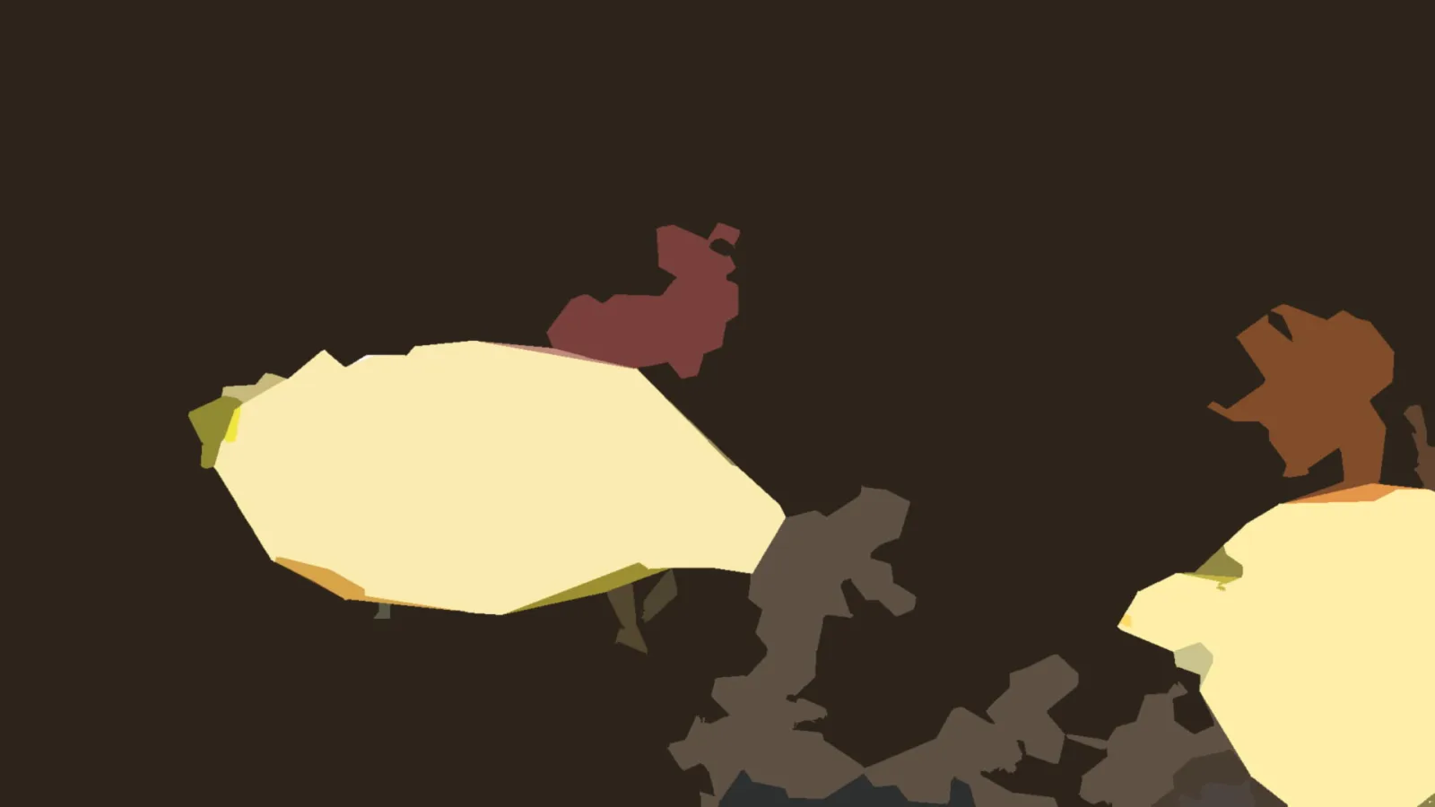 Abstrakte Komposition auf dunklem braunem Grund mit großen cremefarbenen Formen, einer roten Fläche oben und grauen und braunen Formen am unteren Rand.